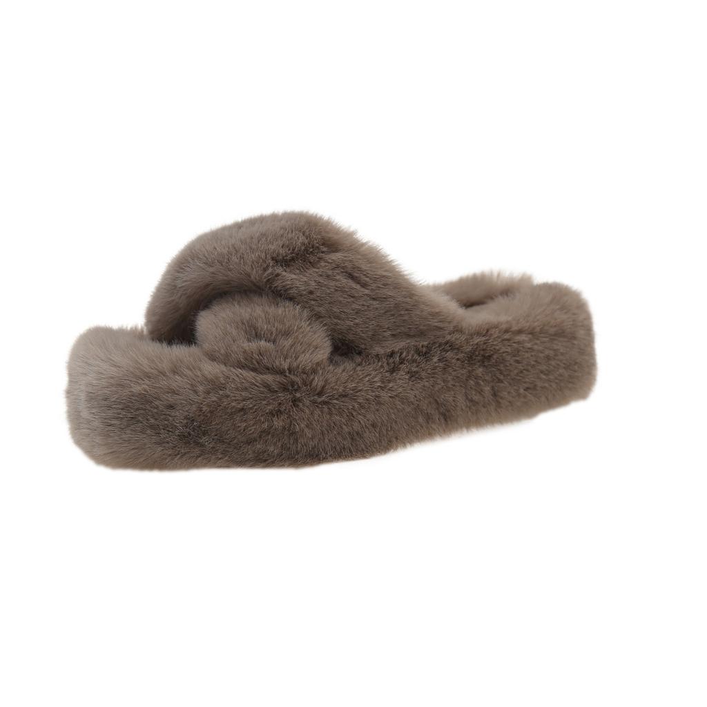 Foreign trade large size 2025 autumn and winter new flat-bottomed fluffy slippers women's cross household thick-soled outer wear one-word cotton sl