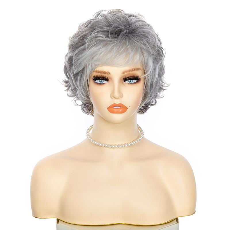 Women Fashion Short Wigs Synthetic Curly Hair with Soft Bangs Gray Fluffy Wigs for Lady Costume Daily Heat Resistant Fibre серый