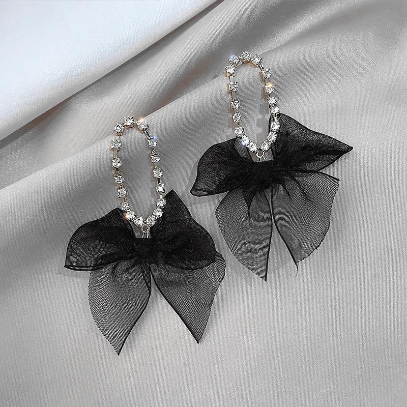 925 Sterling Silver Rhinestone Bowknot Retro Hong Kong Style Dangling Earrings for Women
