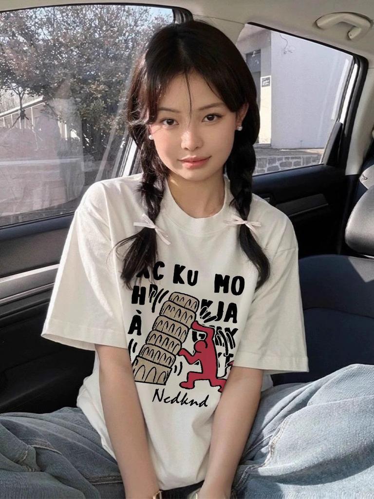 2025 Women's White Pure Cotton Short-Sleeve T-Shirt - Casual American High Street Style