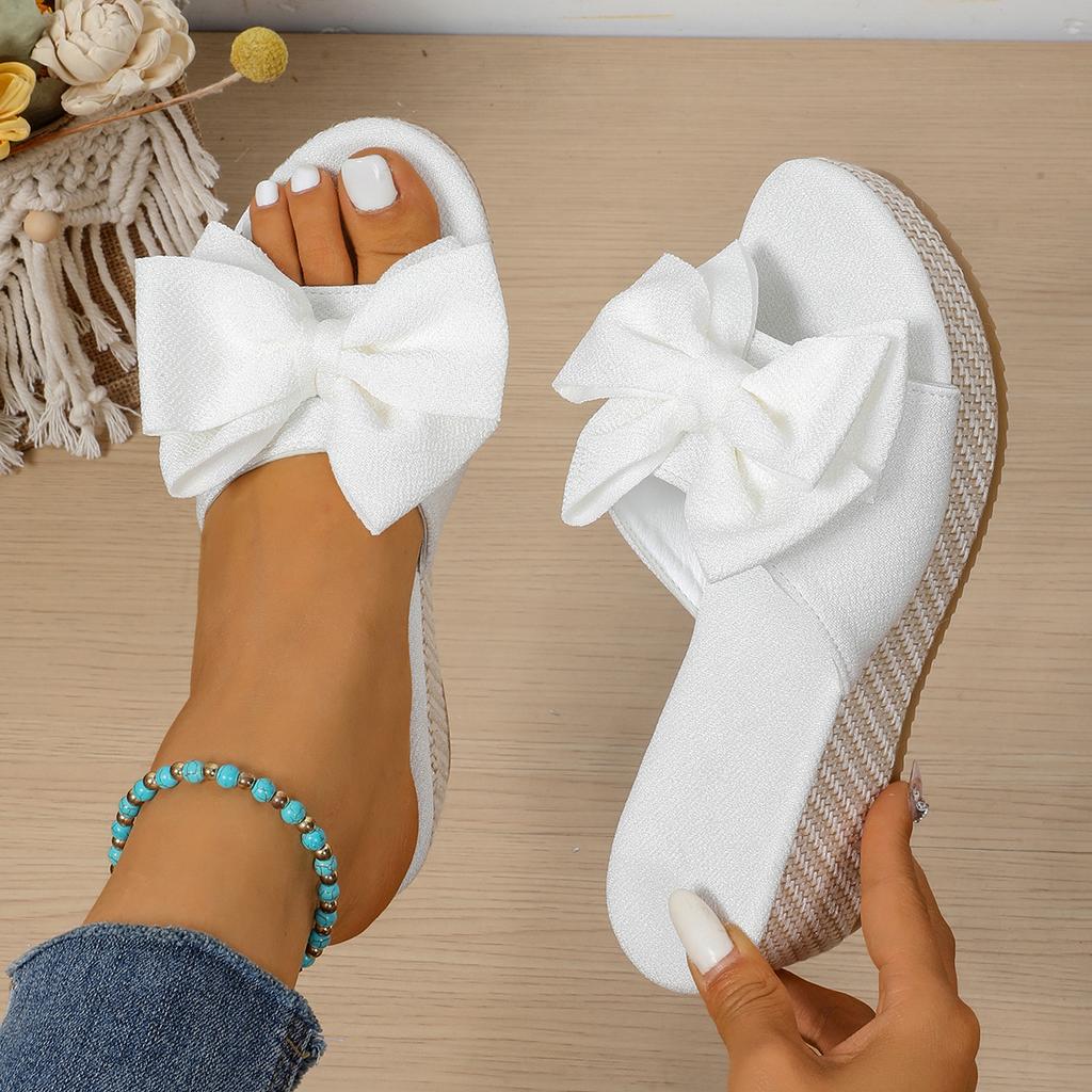 2025 Women Wedge Slippers Leopard Print Bow Tie Slippers Platform Outdoor Sandals Leisure Large Size Shoes Women Slides Women