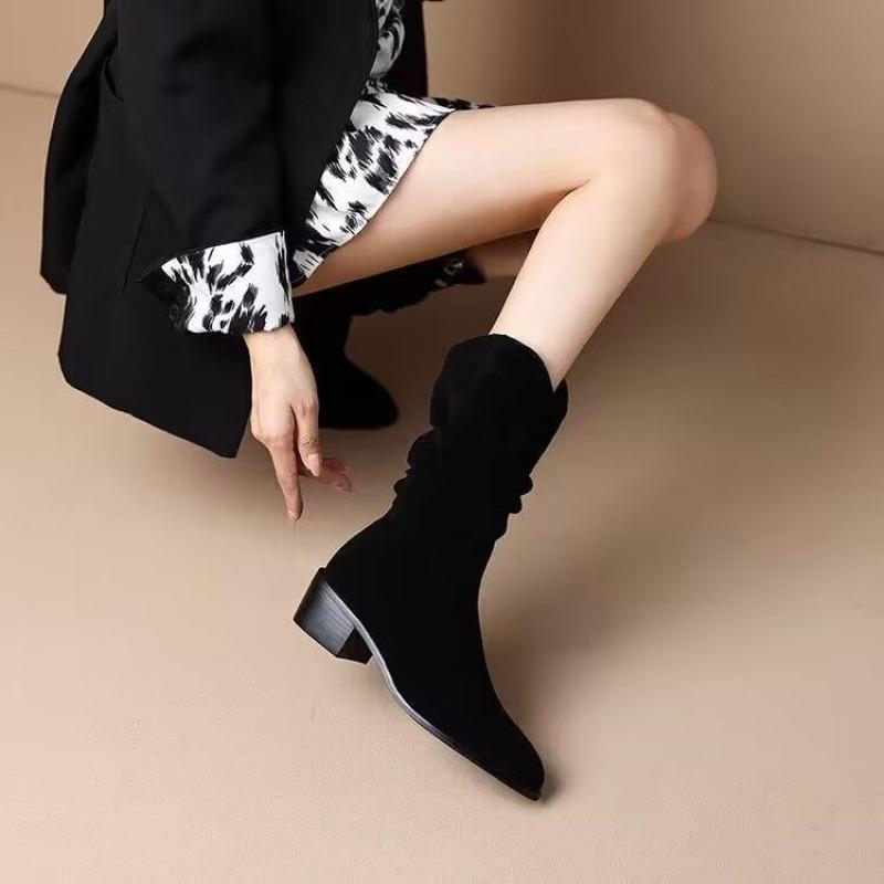 Pointed Toe Middle Heel Women'S Half High Boots Autumn Winter Fleece-Lined Ladies Mid Calf Shoes Fashion  Y2K New Footwear