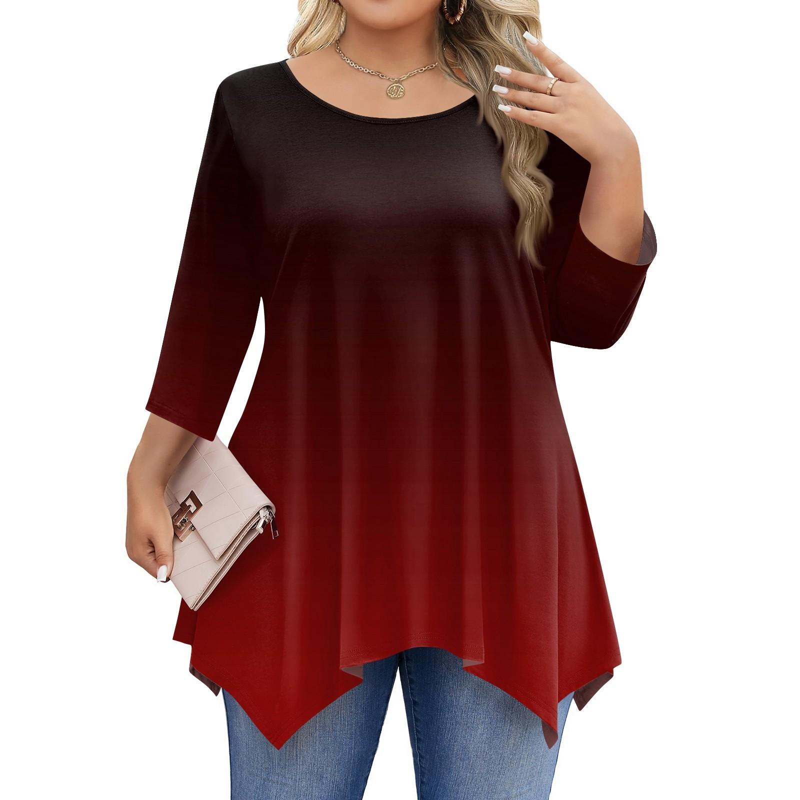 

Женские рубашки с рукавом 3/4 больших размеров, туники с круглым вырезом, базовые футболки свободного кроя, размеры L-5XL XL винный