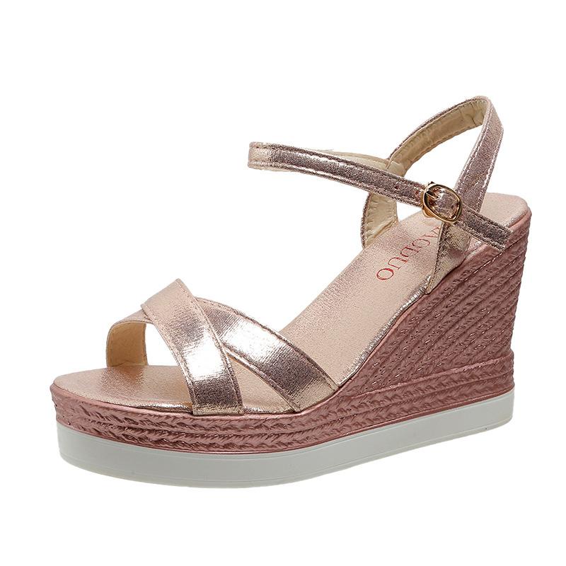 

Сандалии на танкетке женские новая обувь круглый носок плоская подошва стразы женская обувь сандалии с открытым носком 40 розового золота