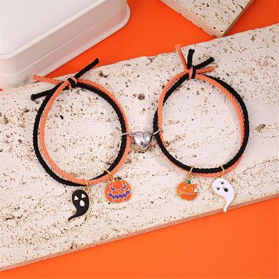 2Pcs Love Heart Couple Matching Bracelet Set Adjustable Braide Rope Halloween Mummy Ghost Pumpkin Hat Wizard Bracelet for Women Men Lover Friend