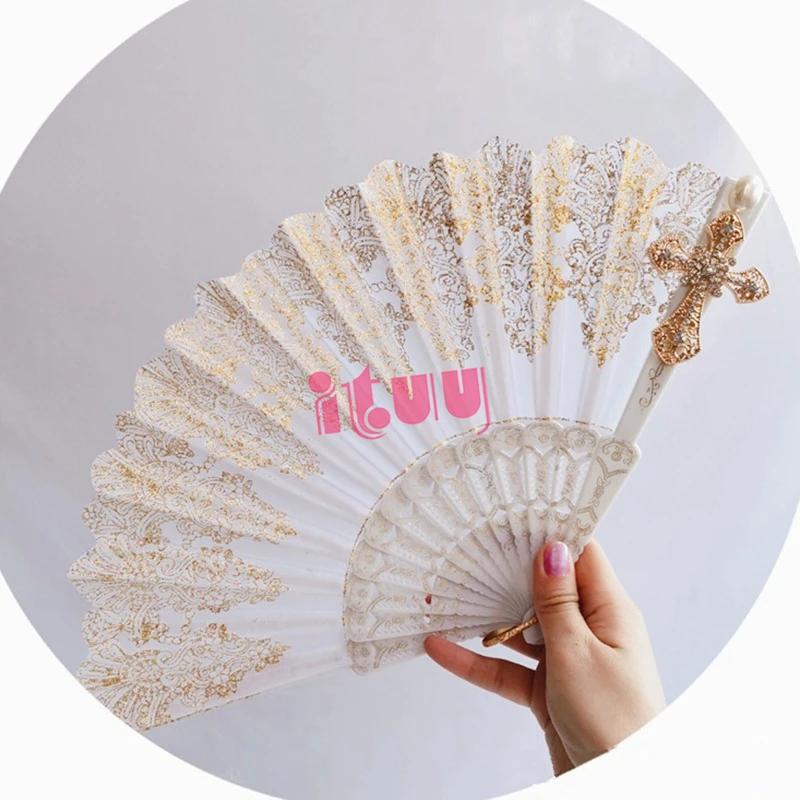 Handmade Lolita Vintage Gothic Black White Lace Hand Fan Golden Sun Flower Cross Folding Hand Fan for Photo Props Show Dancing