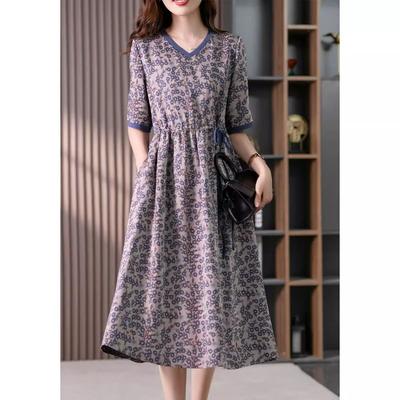 Gentle Wind Print Dress Women's 2025 Summer New Korean Version Temperament Lace-up Thin Floral Long Skirt