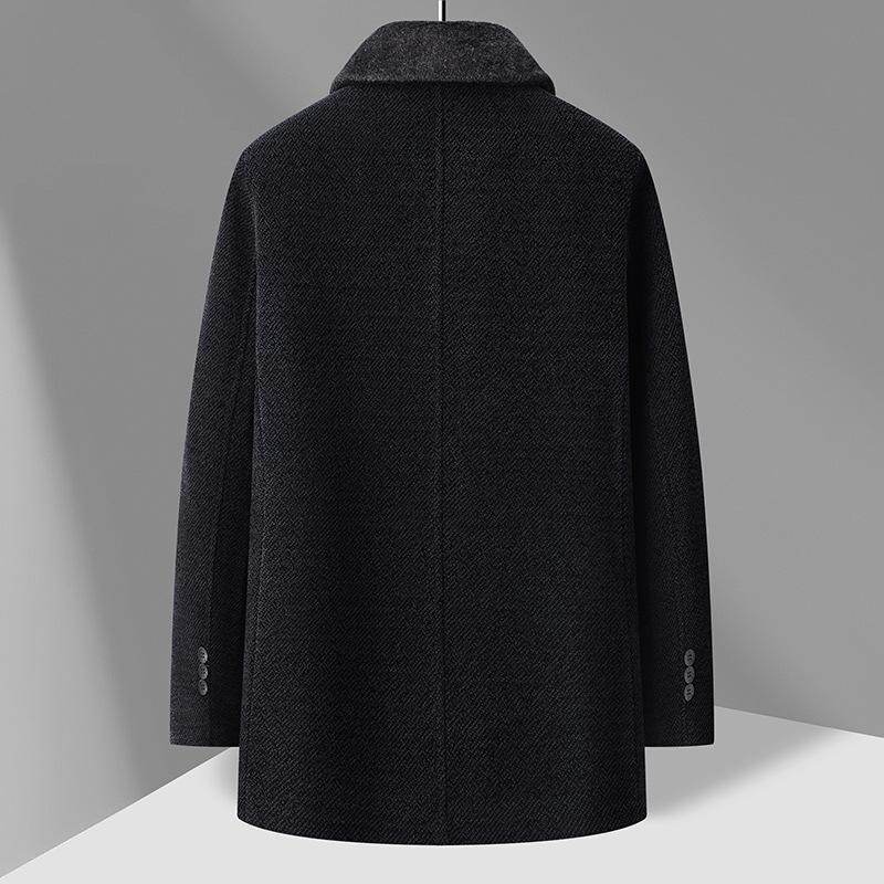 Winter Men's Chenier Coat Medium and Long Turned Collar Coral Fleece Thickened Warm Woolen Coat Jacket