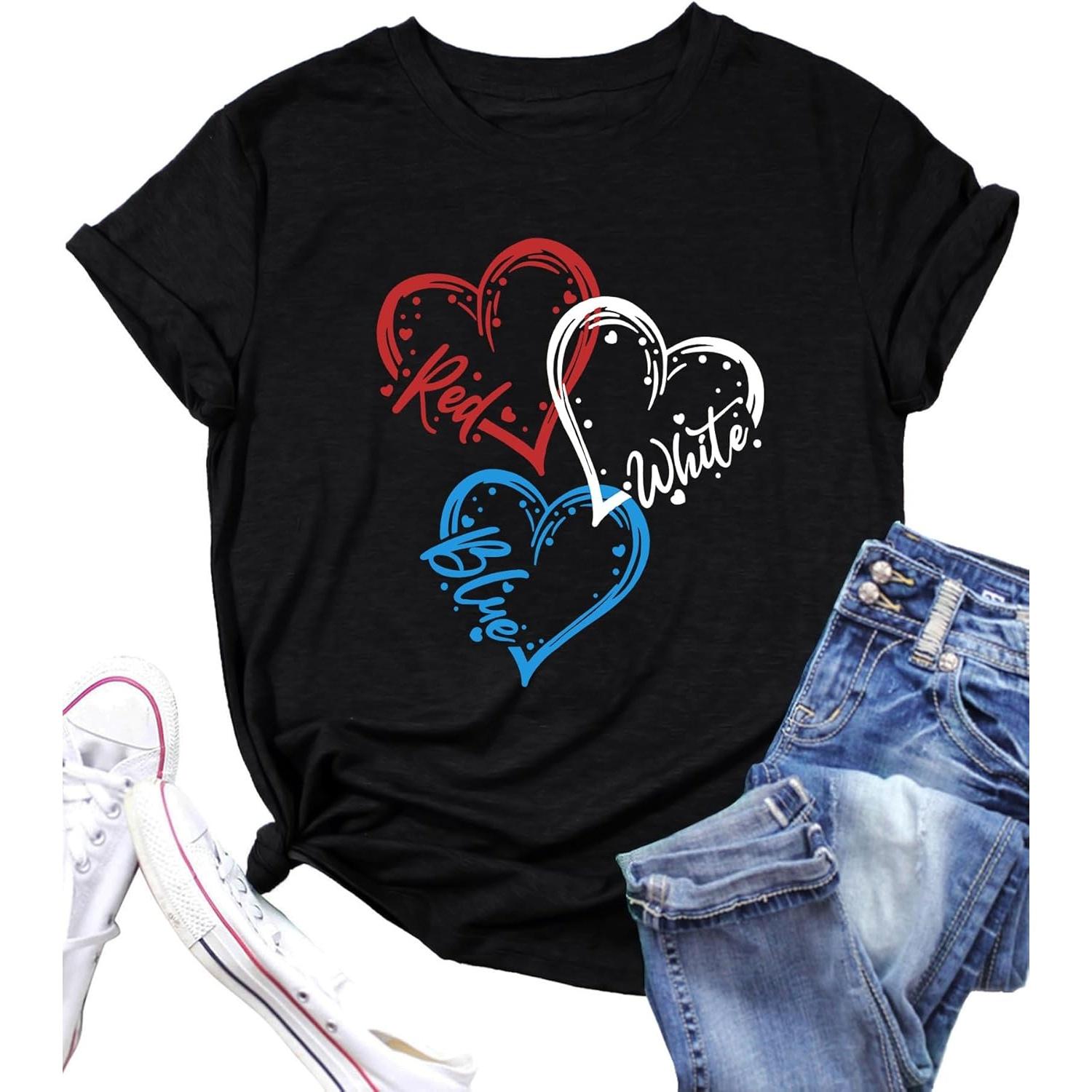 

VVNTY American Flag Heart Shirt Women Patriotic T-Shirt 4th of July Graphic Tees Shirts USA Flag Star Stripe Tops S чёрный
