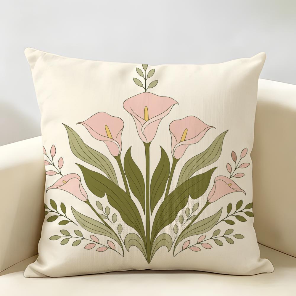 Soft Pink Calla Lily Art Cushion Cover Durable Hypoallergenic Organic Linen Short Pillow Cover Washable