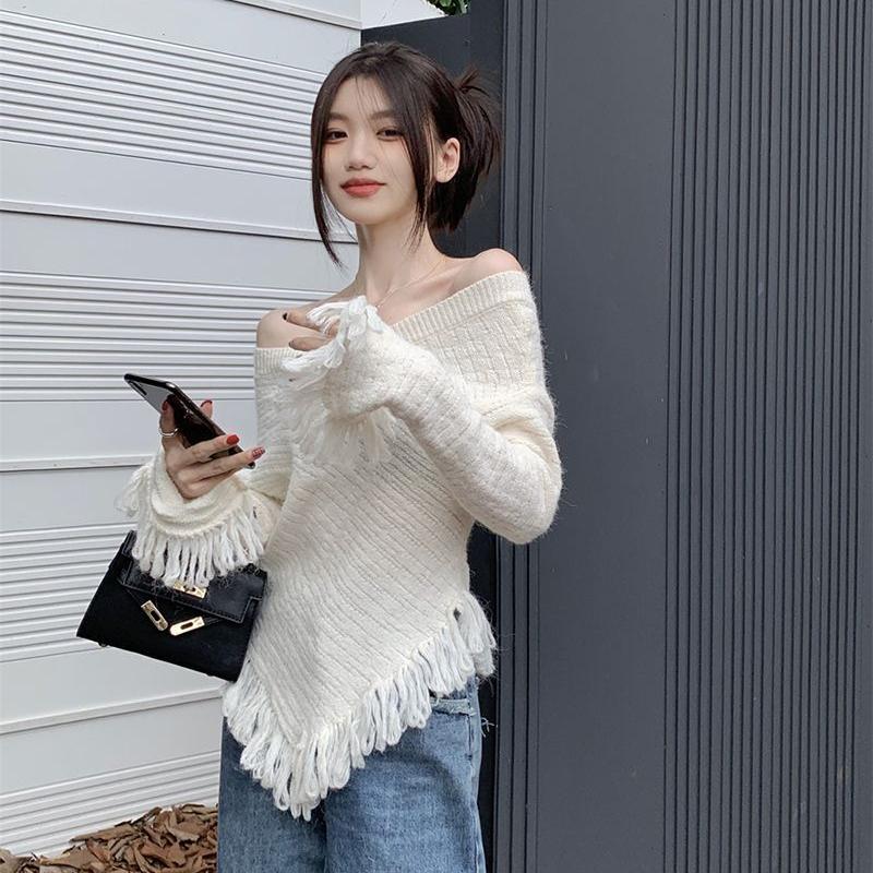 Pulovr s nepravidelnými střapci Podzimní Elegantní žena Jedinečný design Tenký svetr s dlouhým rukávem Trendy Street Jednobarevný Top