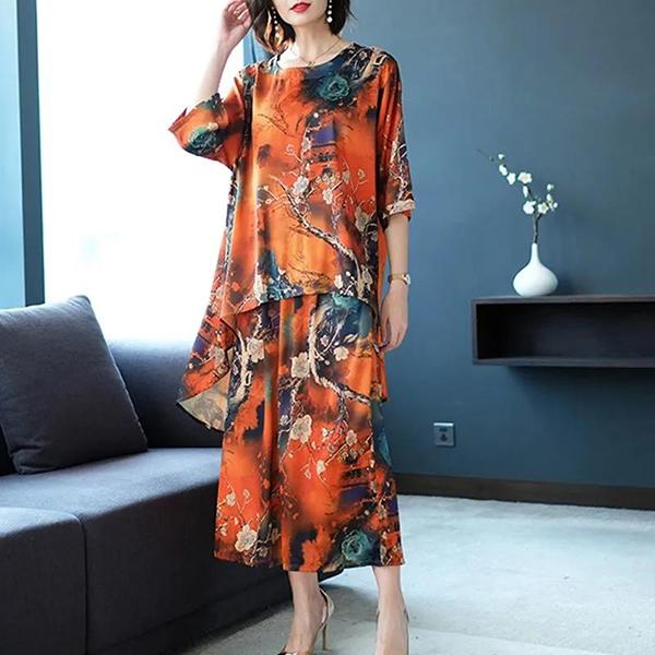 

Женский брючный костюм Лето Свободные широкие брюки Прямые длинные брюки и тонкие топы с короткими рукавами нестандартной формы Повседневный костюм большого размера из двух частей с цветочным принтом M