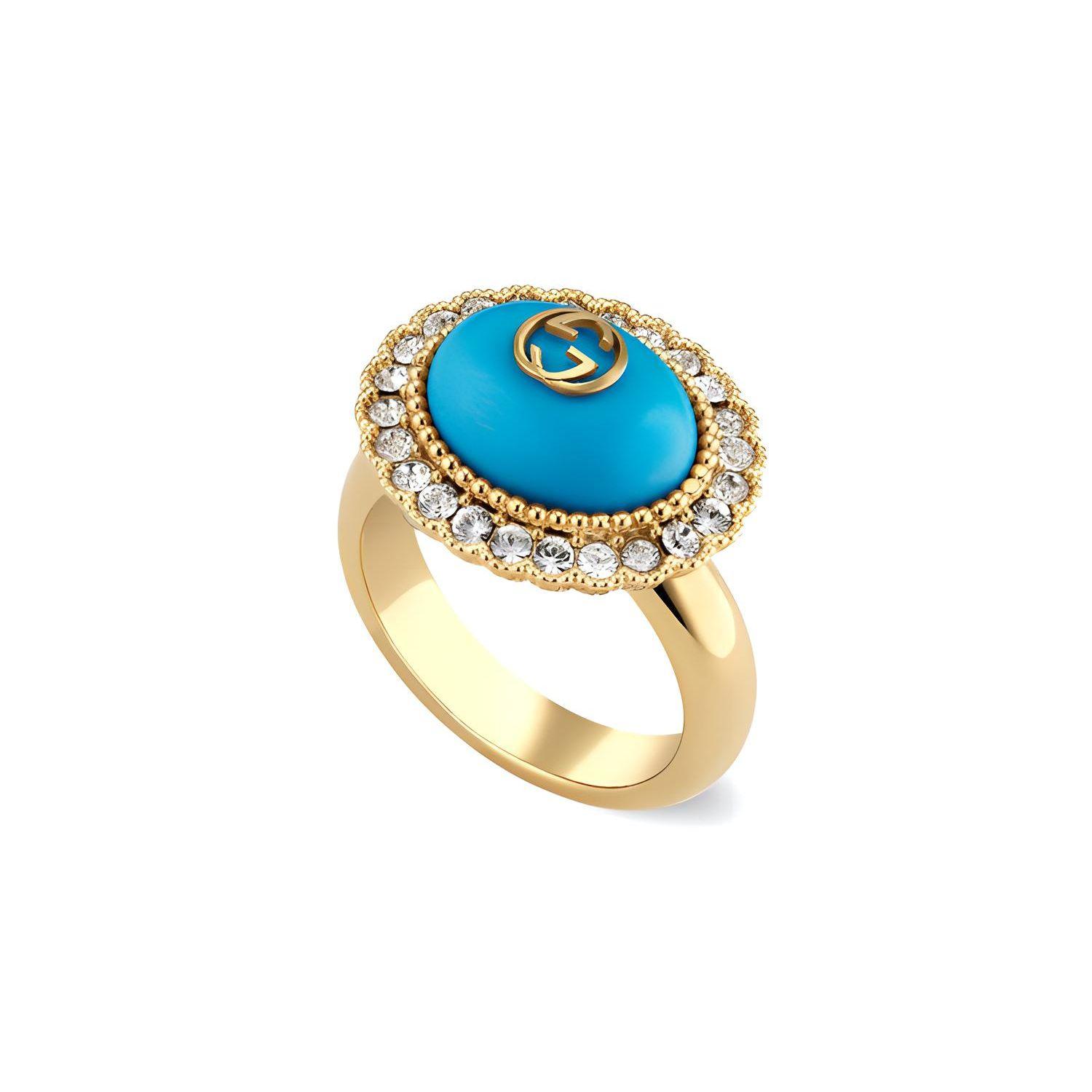 Gucci Double G Interlocking G Pattern Fashion Jewelry Resin Crystal Metal Ring Women rings Blue 753903-I9875-8519 S