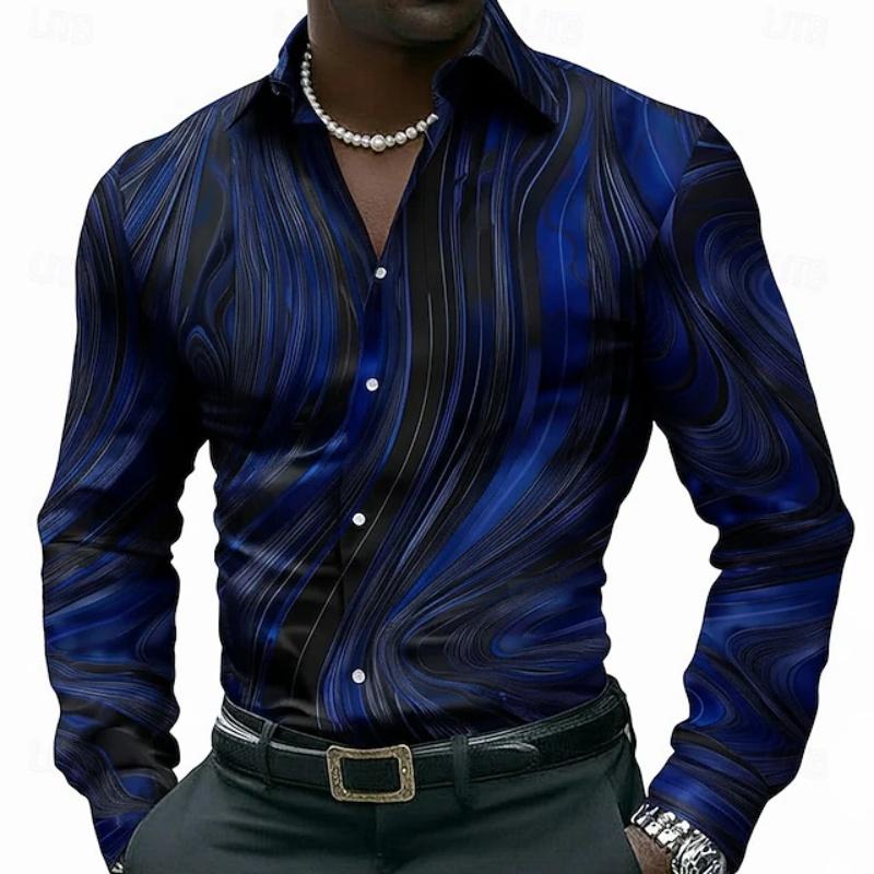 Men's Blue Blue Three Dimensional Hexagonal Geometric Printed Long Sleeve Shirt Modern Gradient Line Collar Business Casual Top