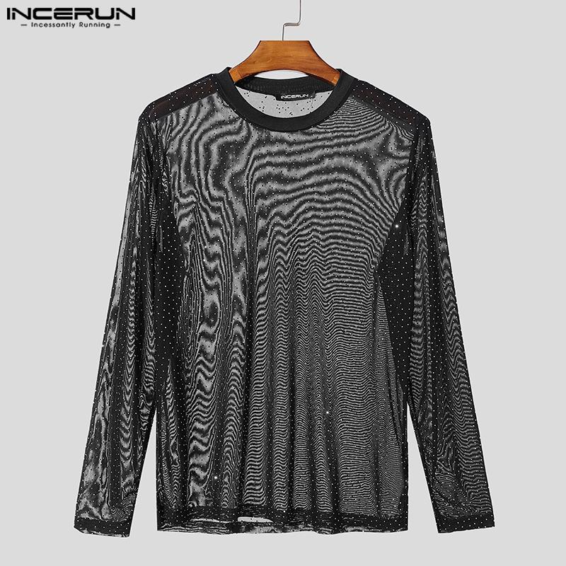 INCERUN Men Long Sleeve Mesh Sheer See Through Tops Skinny T-Shirts