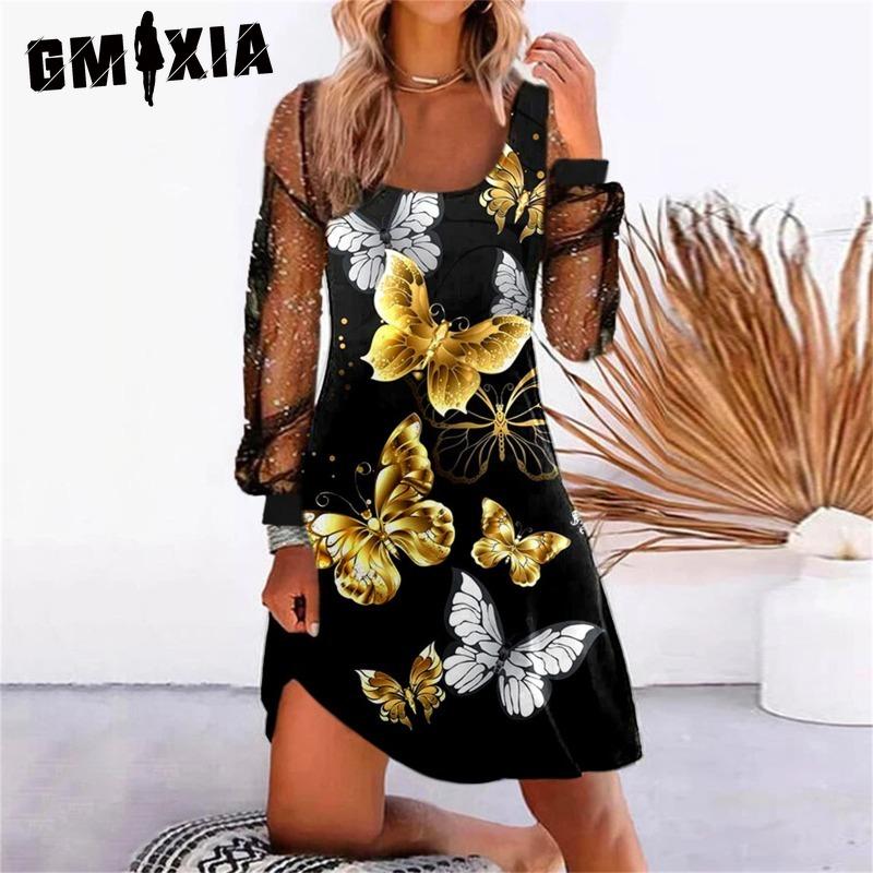 GMXIA Women's Fashion Spring Autumn Solid Color Print Long Sleeve U-Neck High Waist Casual Dresses
