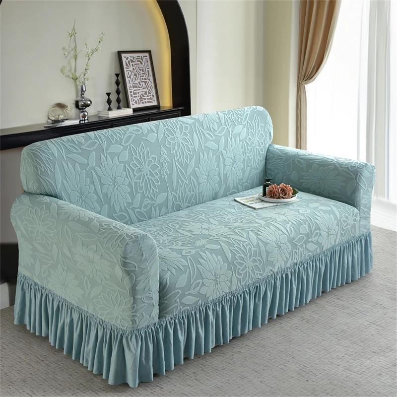 Jacquard Uni-Farben Sofabezug mit Volant Rutschfest Stretch Couchbezug für Schlafzimmer Büro Wohnzimmer Heimdeko