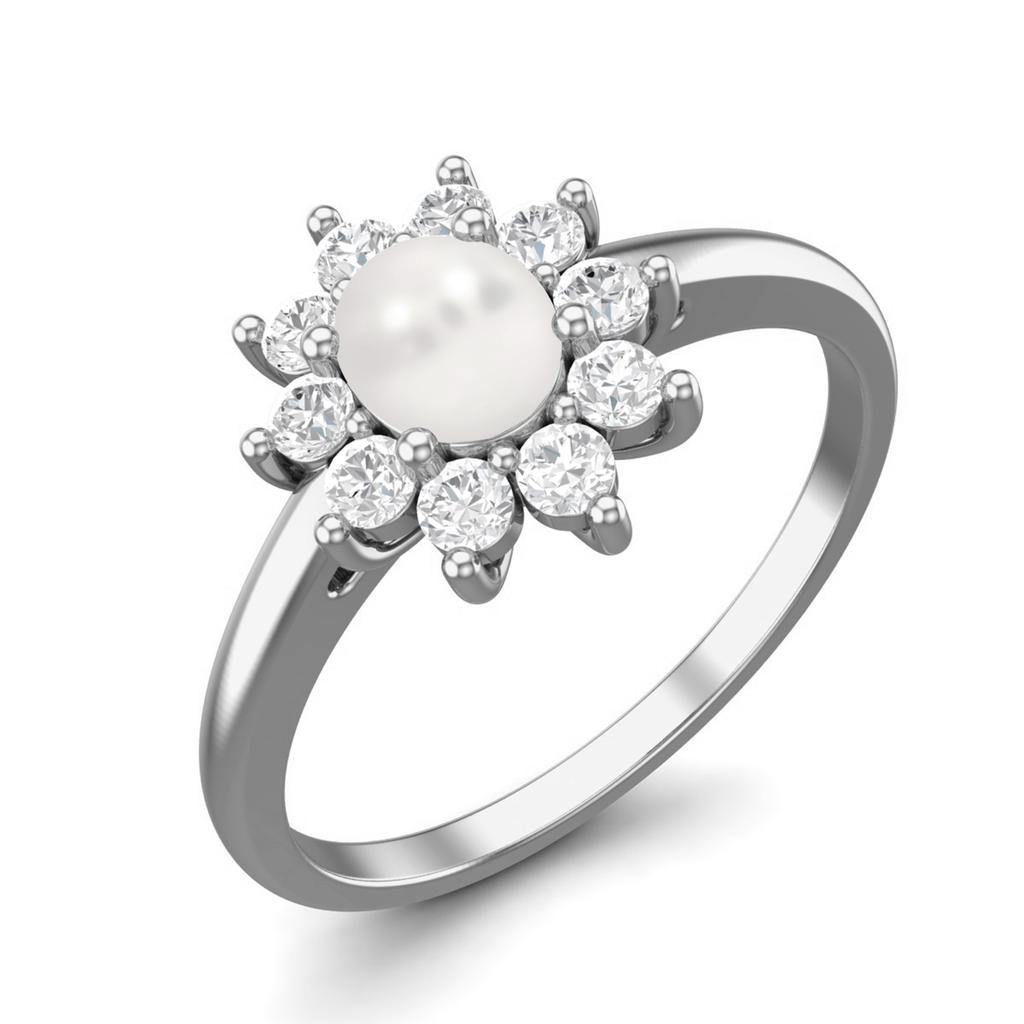 0,45 Karat Ovaler Perlen 925 Sterling Silber Solitär Halo Verlobungsring für Damen