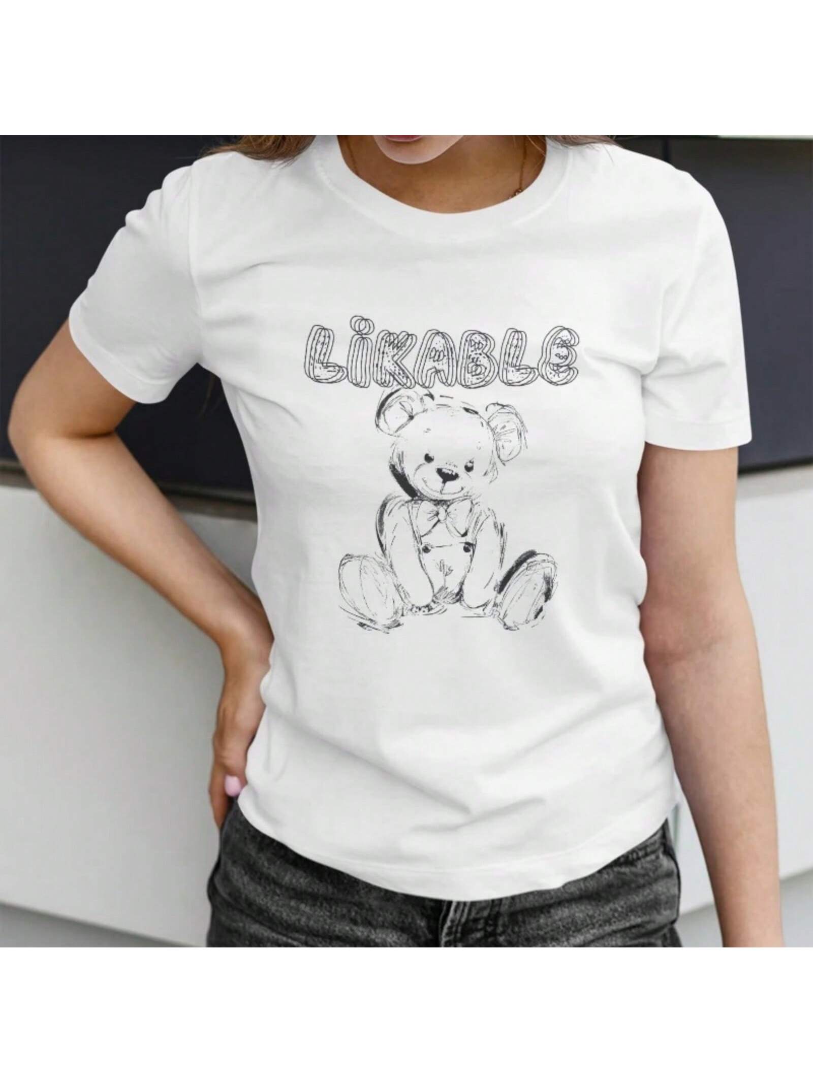 Wounisex s Short Sleeve T-Shirt For Spring Summer Adorable Cartoon Teddy Bear Print With Playful And Casual Style S разноцветный
