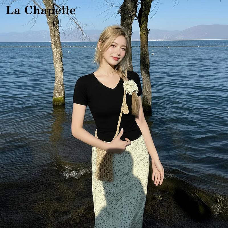 La Chapelle Women s New Summer Korean V-Neck Slim-Fit T-Shirt L