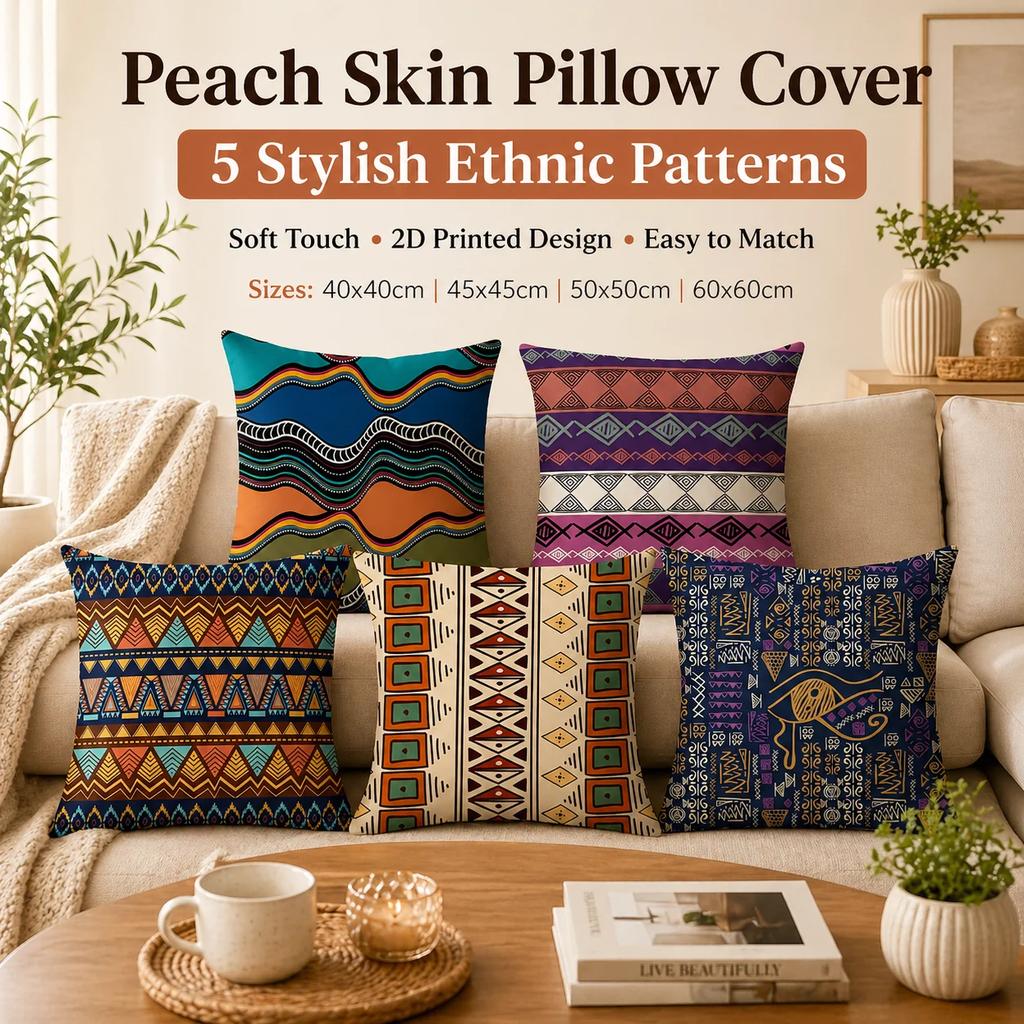 Ethnic Aztec D Flat Printed Peach Skin Pillow Cover Boho Colorful Geometric Cushion Case for Sofa Living Room Decor