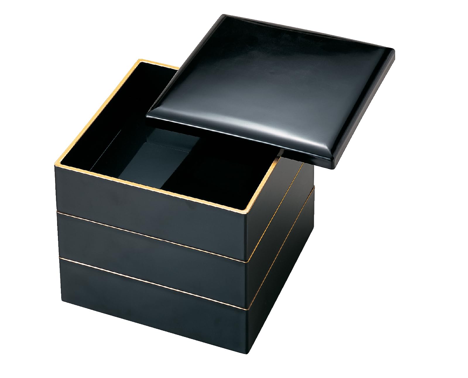 

Wakaizumi Black with Gold Rim Lacquerware, 3-Tiered Box, Dimensions 6.5 inches, (Inner Black), H-156-12A