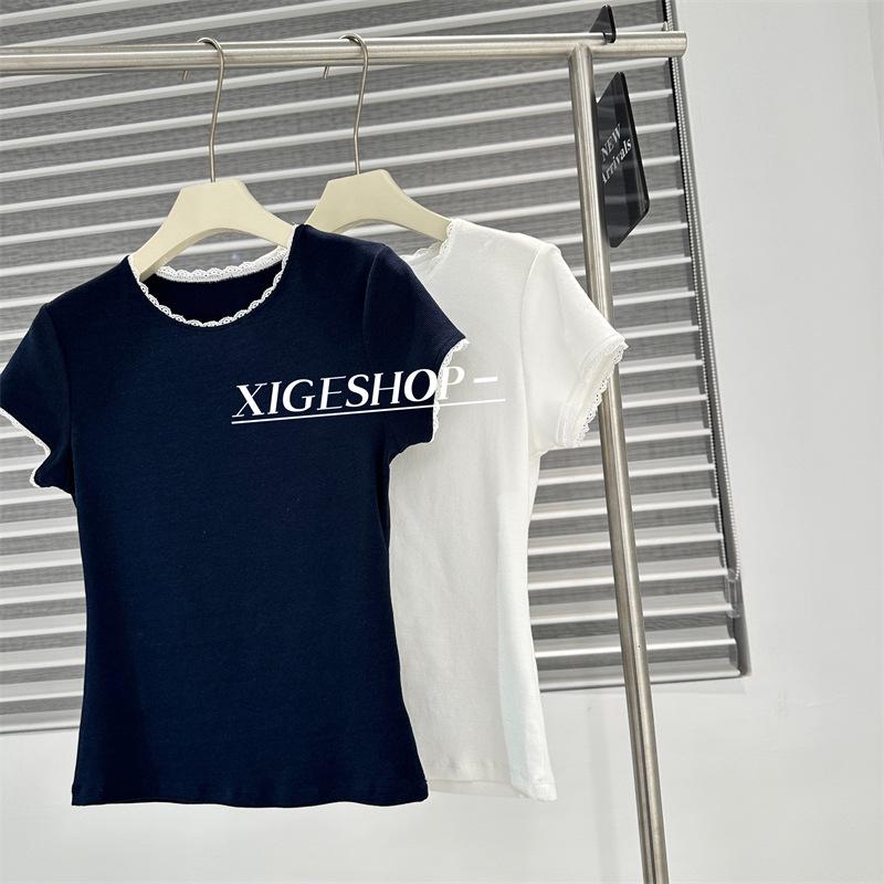 Navy Blue Lace Trim Slim Fit Korean Style Ribbed Stretch Tee, Straight Shoulder Summer T-Shirt
