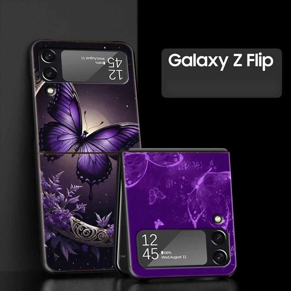 Art Purple Butterfly Hard PC Phone Case For Samsung Galaxy Z Flip 7 6 5 4 Black Cover For Galaxy Z Flip 3 Foldable Shell Fundas