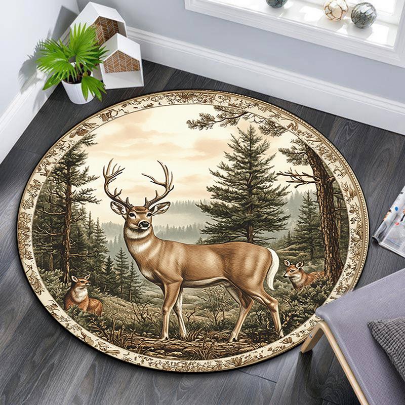 Deer Forest Round Area Rug,Carpet Rug for Living Room Bedroom Sofa Playroom Decor,Non-slip Floor Mat