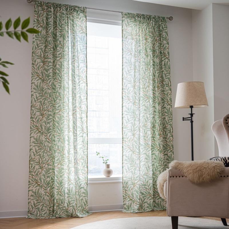 American Style Home Semi-blackout Curtain Finished Green Plant Print Window Kitchen Drape Bedroom Decoration Valance