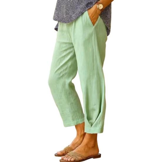 Women Pants Mid-rise Elastic Waist Solid Color Casual Trousers with Pockets Loose Fit Leisure