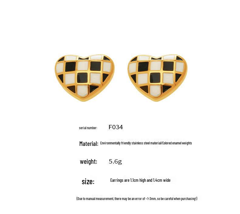 Checkerboard Heart Enamel Stud Earrings - European & American Fashion, Stainless Steel