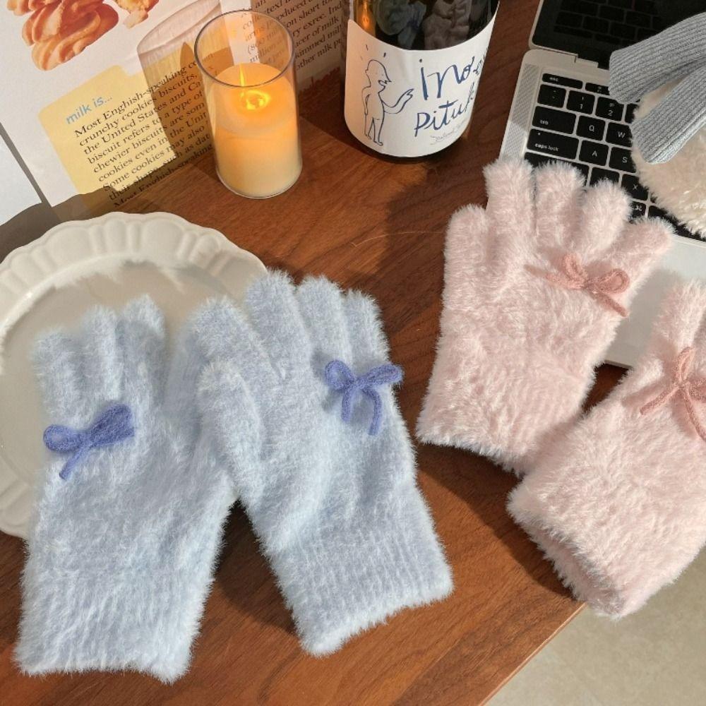 Winddichte Warme Fäustlinge Milchblau Milchpulver Herbst Winter Handschuhe Niedliche Plüsch Strickhandschuhe Damen