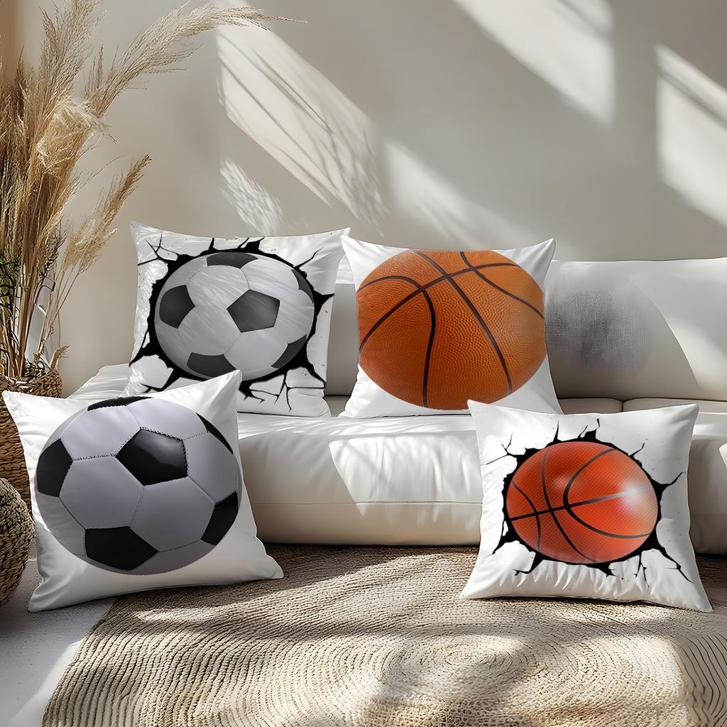 Soccer & Basketball Throw Pillow Covers, Cracked Wall Ball Print Cushion Cases, Sporty Fan Home Decor For Bedroom Living Room