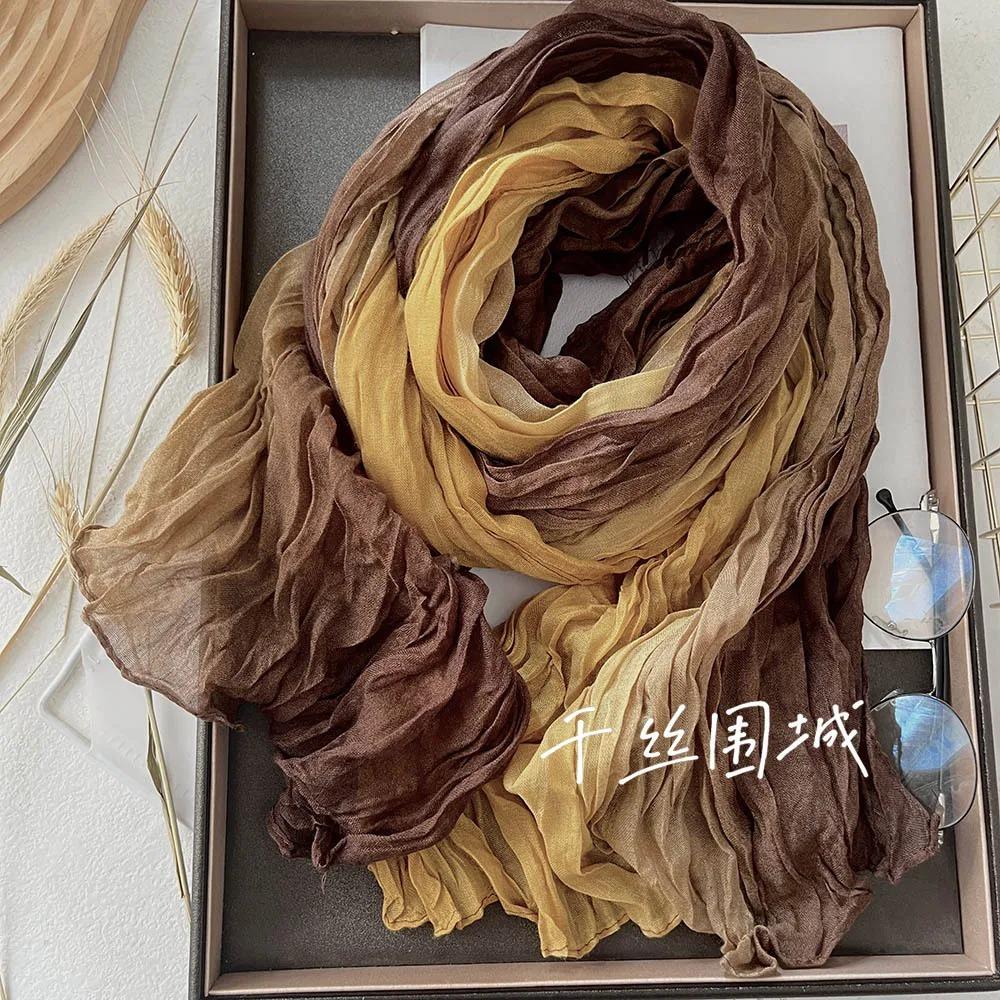 New Scarf Cotton Hemp Hand Feel Gradient Blue Autumn Winter Retro Versatile Printed Women's Long Fold Shawl Soft Fashionable