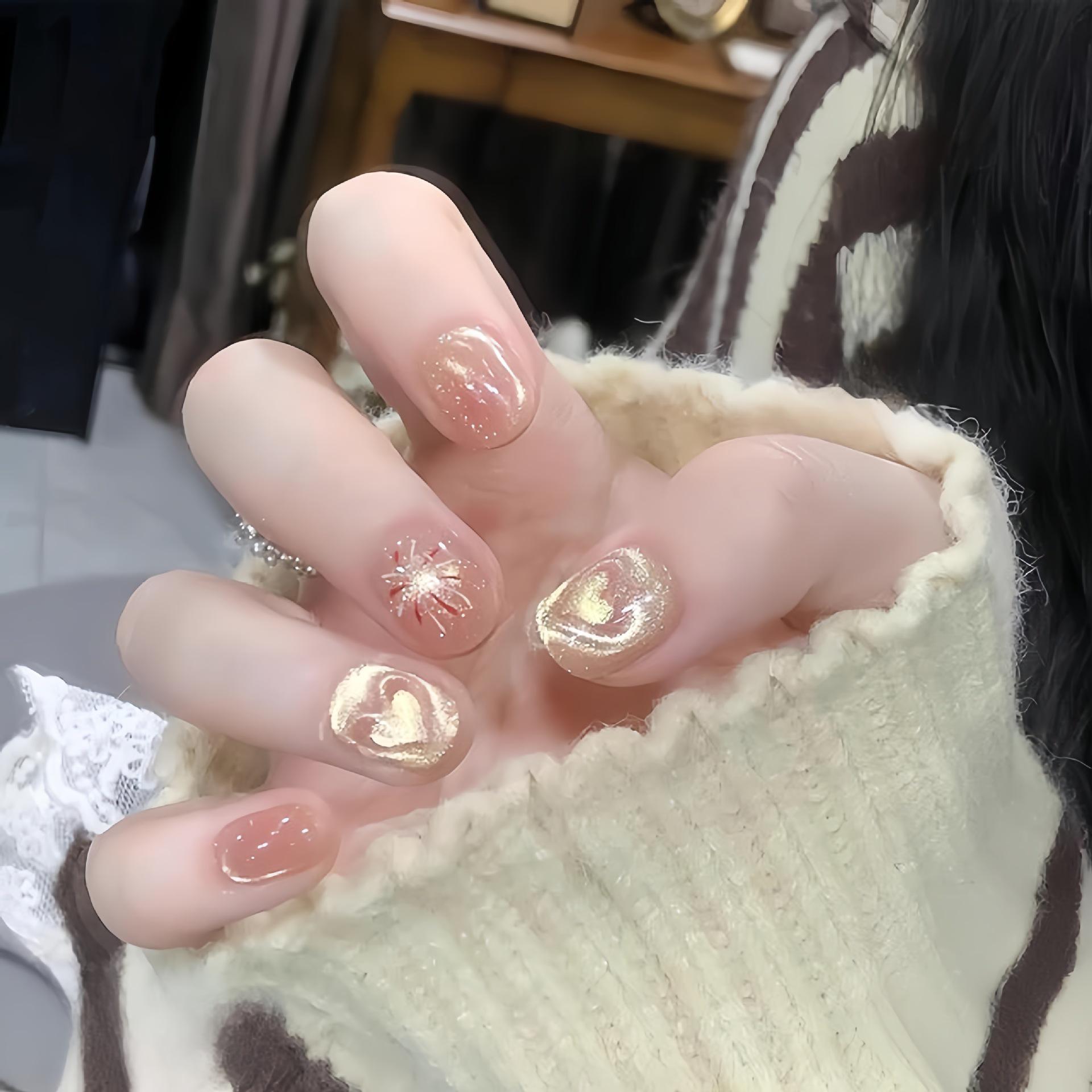 Blush Heart Crystal Cat Eye Fireworks Nail Art Large
