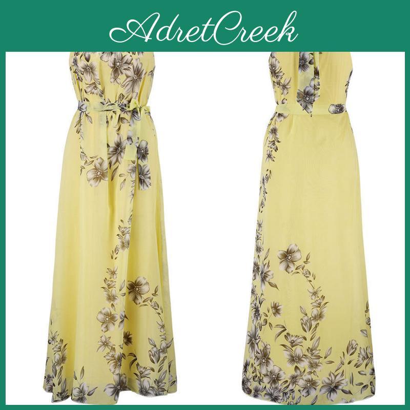 Elegant Plus Size Womens Floral Sleeveless Belted Maxi Long Dress For Summer Parties