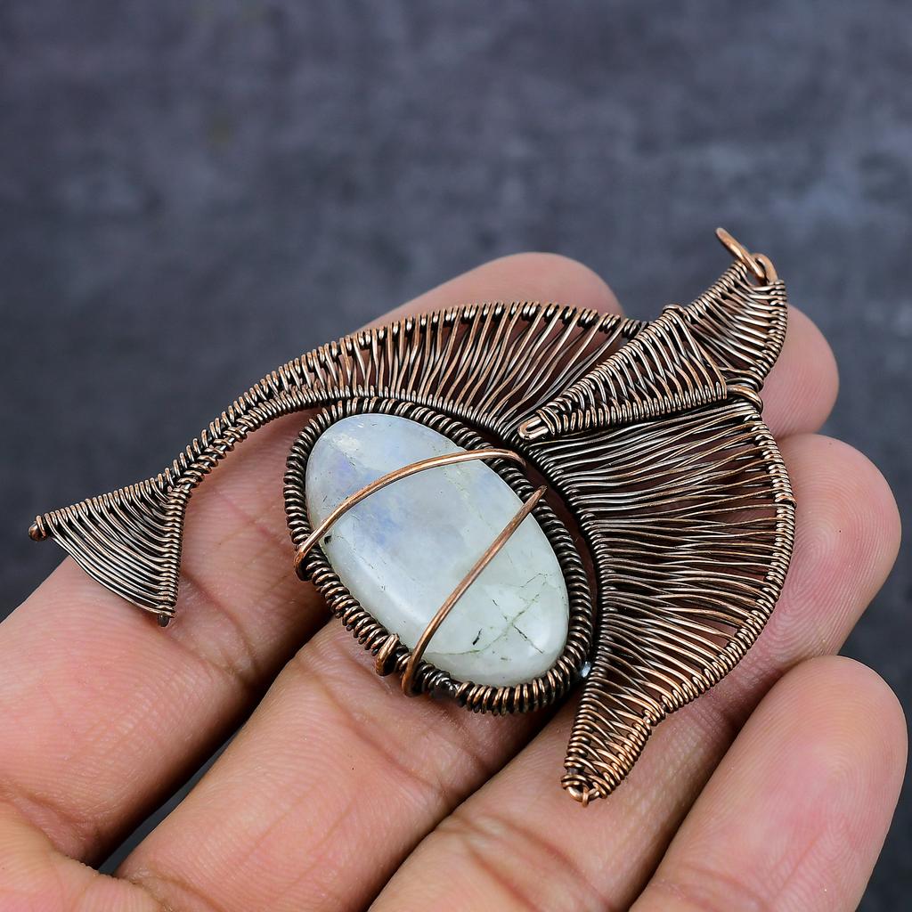 Moonstone Handmade Copper Wire Wrap Jewelry Pendant 2.96" c2C94