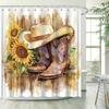 Western Rustic Cowboy Shower Curtain-Realistic Painterly Style, Brown Boots & Hat, Yellow Sunflowers, Textured Wood Background,