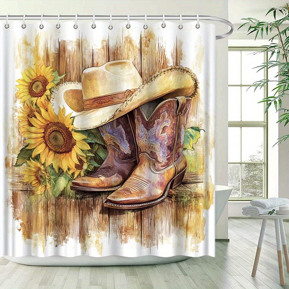 Western Rustic Cowboy Shower Curtain-Realistic Painterly Style, Brown Boots & Hat, Yellow Sunflowers, Textured Wood Background,