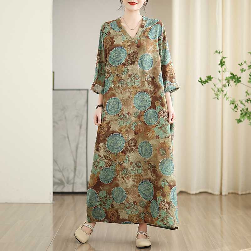 Women's New Color V-neck Retro Long Skirt Cotton Linen Dress