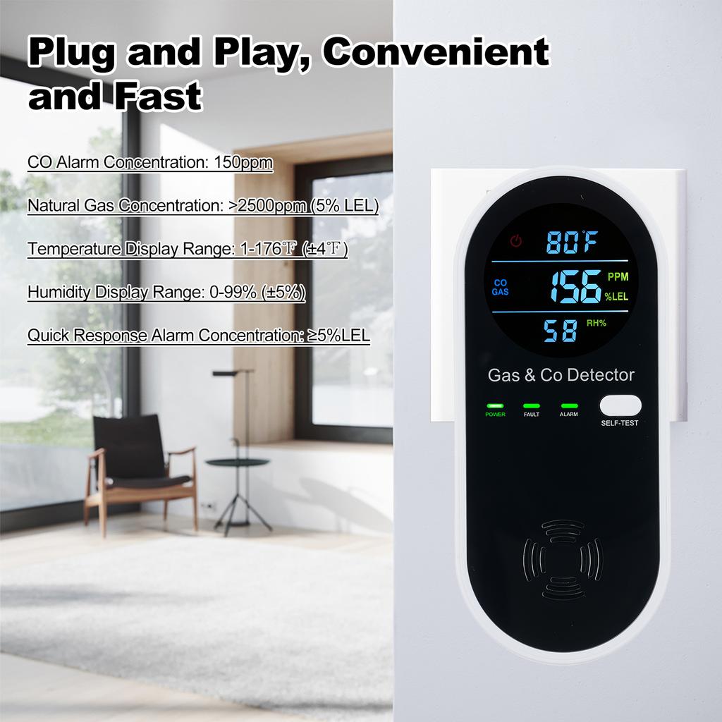 Carbon Monoxide & Natural Gas Combination Detector Plug in Wall Detectors CO & Natural Gas 4 in 1 CO Monitor Alarm with
