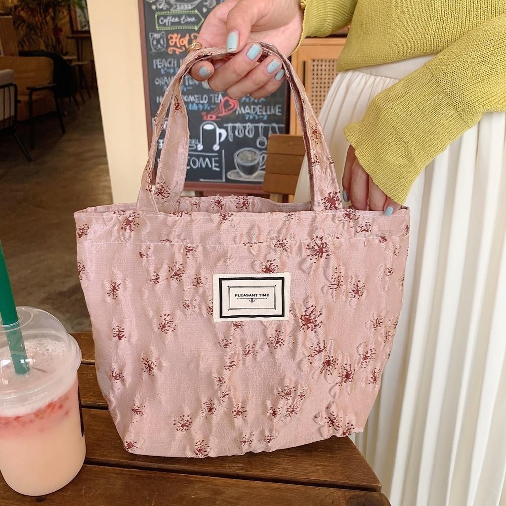 Stylish Soft Handle Floral Embroidered Cotton Tote Bag Medium Size Embossed Pink