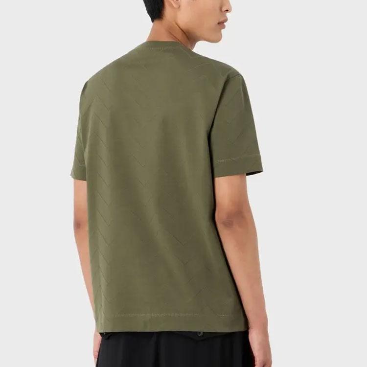 Emporio Armani FW23 Solid Houndstooth Pattern Embroidered Crew Neck Pullover Short Sleeve T-Shirt Men Tops Brown Green 6R1TDN-1JGYZ-0669