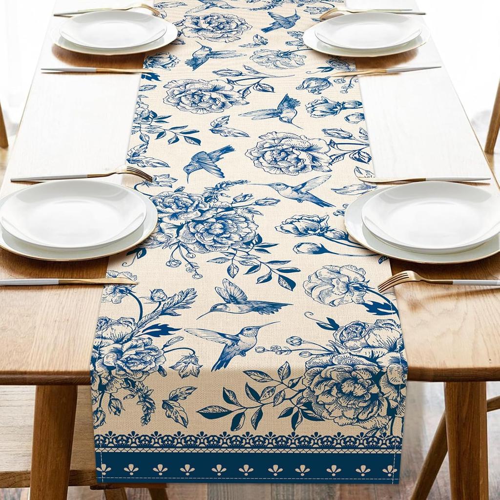 Blue and White Porcelain Floral Birds Linen Table Runner Party Decor Farmhouse Kitchen Dining Table Runner Wedding Decorations