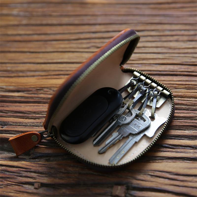 Genuine Leather Key Wallet for Unisex Vintage Handmade Short Zipper Car Holder Bag Card Case Organizer Housekeeper