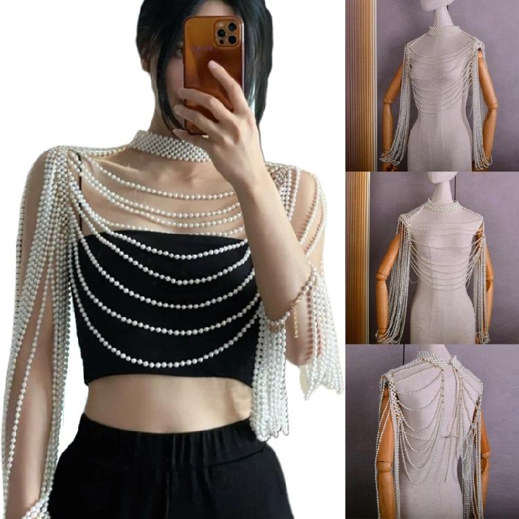 Long Shoulder Chain Sexy Wedding Dress Body Jewelry Pearl Body Chain for Women