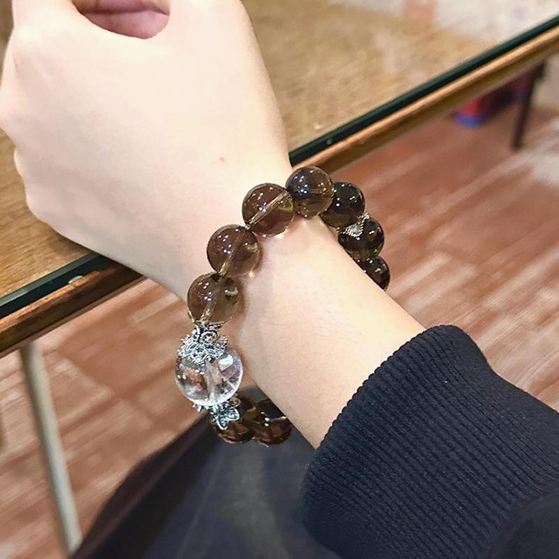 Natural Tea Crystal12mm Single-loop bracelet paired with white crystal, new Chinese-style large bead bracelet, fashionable for both men and women