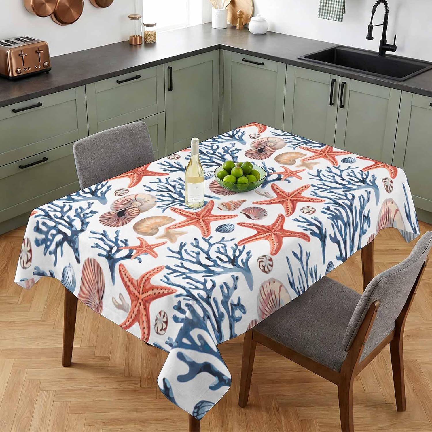 Zomer Zee Stervis Koraal Schelp Rechthoekige Tafelkleed voor Tafeldecoratie Herbruikbaar Keuken Eettafelkleed Bruiloft Feest Decoratie 140x180cm
