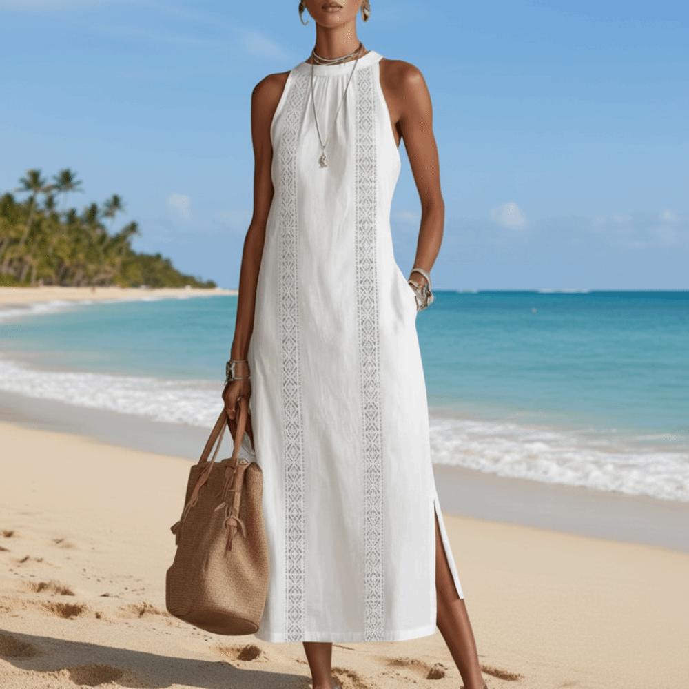 Neck Hanging Lace Splicing Dress Loose Fit Women's Summer Dress Long Skirt  Beach Wear